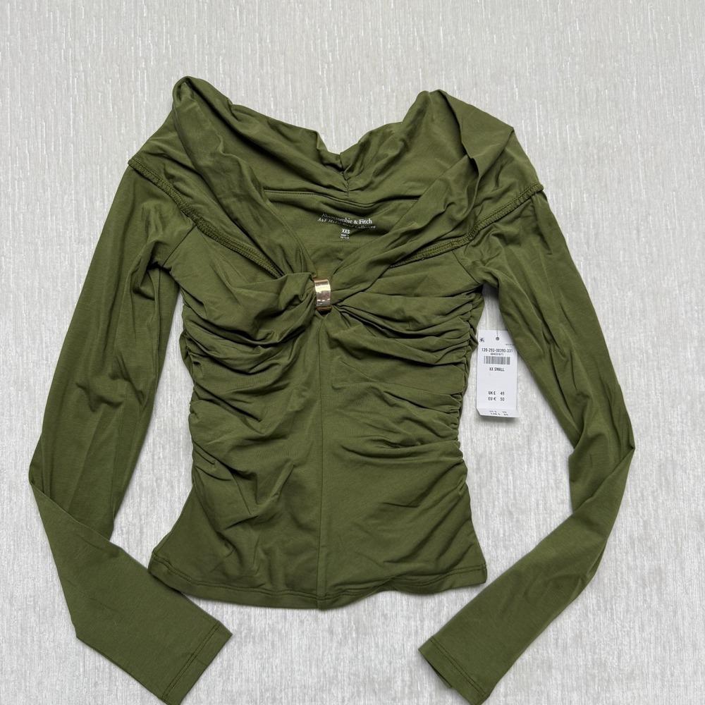 Abercrombie & Fitch Ruched Off-Shoulder Top Womens 2XS Olive Green Long Sleeve